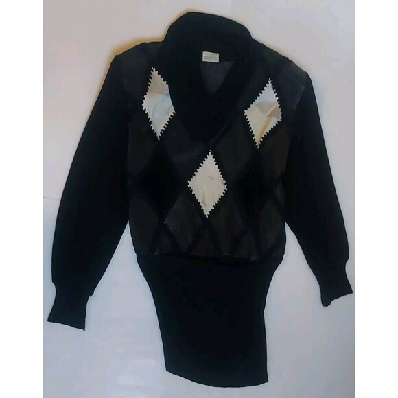 Vintage 1980's Black/White Patchwork Leather Hi-Low Dress W/Shoulder Pads - Picture 2 of 7